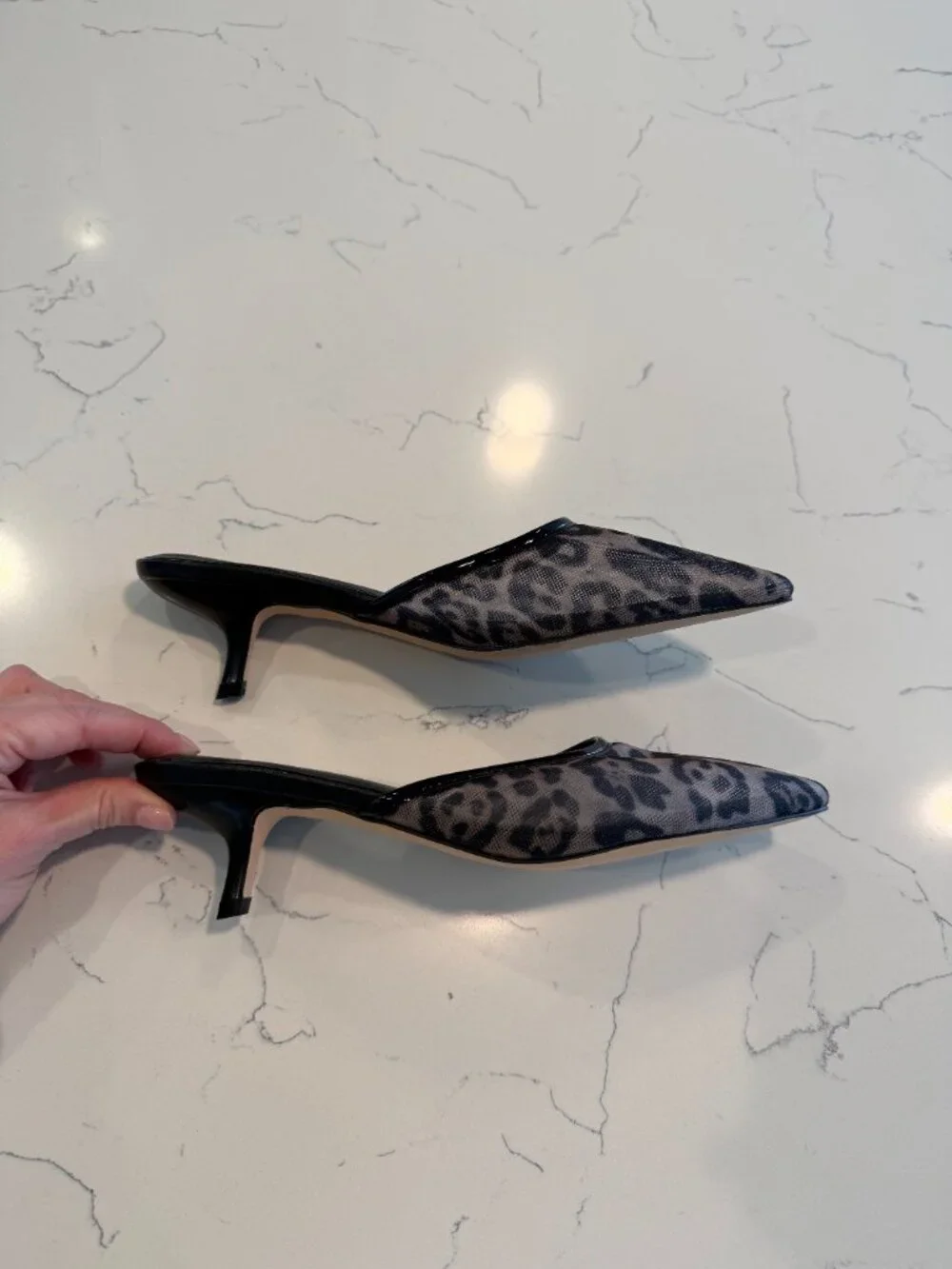Leopard print mesh kitten heels slip on mules size 8